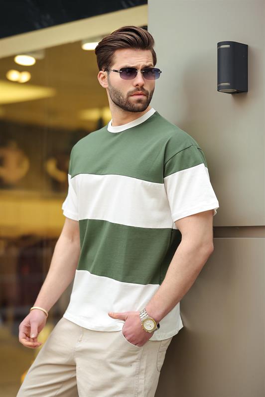 MDX Haki Oversize Color Block Bicycle Neck T-Shirt 7020 - Stains