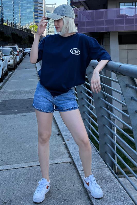 MDX Navy Blue Oversize Back Printed Bicycle Collar Short Sleeve T-Shirt MG2127 - Cananea