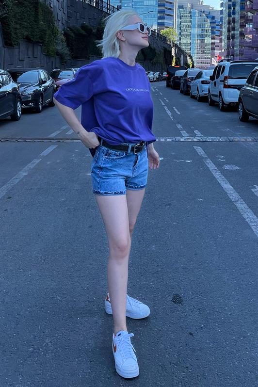 MDX Purple Oversized Back and Front Printed Bicycle Collar Short Sleeve T-Shirt MG2130 - Kentwood