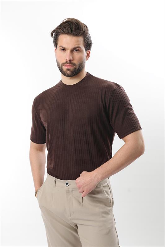 MDX Brown Textured Stripe Design Crew Neck Men's T-shirt E7122 - Mitcham