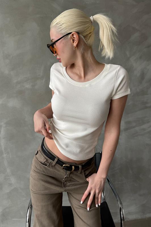 MDX White Wide Neck Ribbed Basic Women's T-shirt Mg2293 - South Fulton