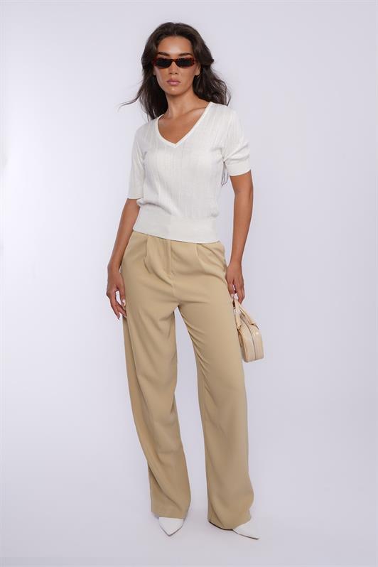 MDX Ekru V Yaka Örgülü Kadın Triko Tişört Mg2369 - Ilford