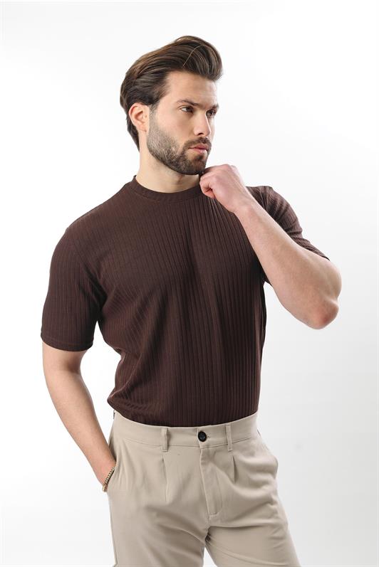 MDX Brown Textured Stripe Design Crew Neck Men's T-shirt E7122 - Mitcham