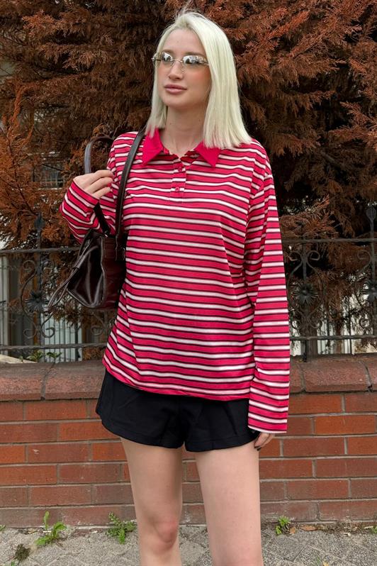 MDX Red Striped Buttoned Polo Neck Women's Long Sleeve T-Shirt MG2574 - Delano