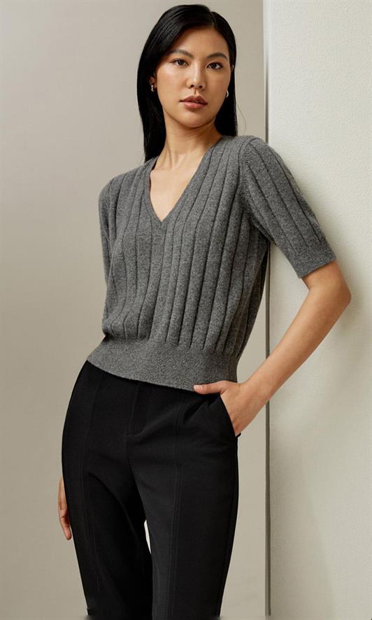 MDX Anthracite V-Neck Knitted Women's Sweater T-Shirt Mg2369 - Longview