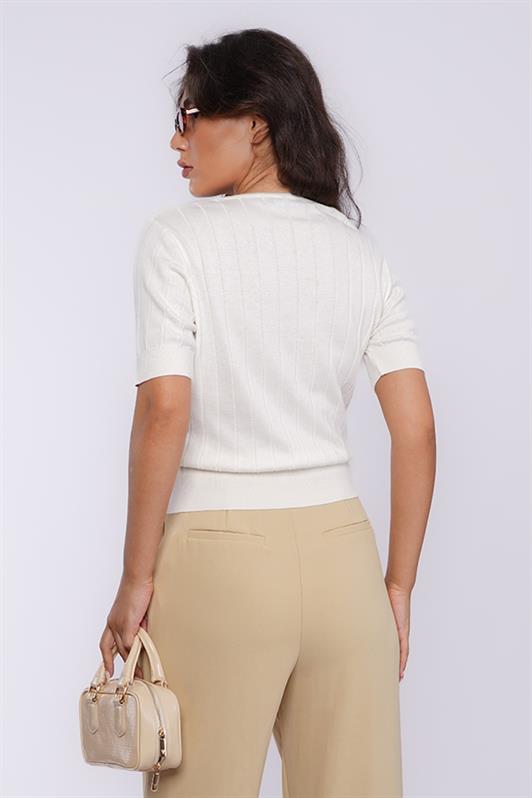 MDX Ekru V Yaka Örgülü Kadın Triko Tişört Mg2369 - Ilford