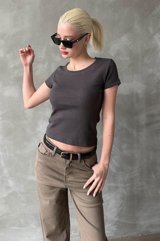 MDX Smoke Wide Collar Ribbed Basic Women's T-shirt Mg2293 - Decatur
