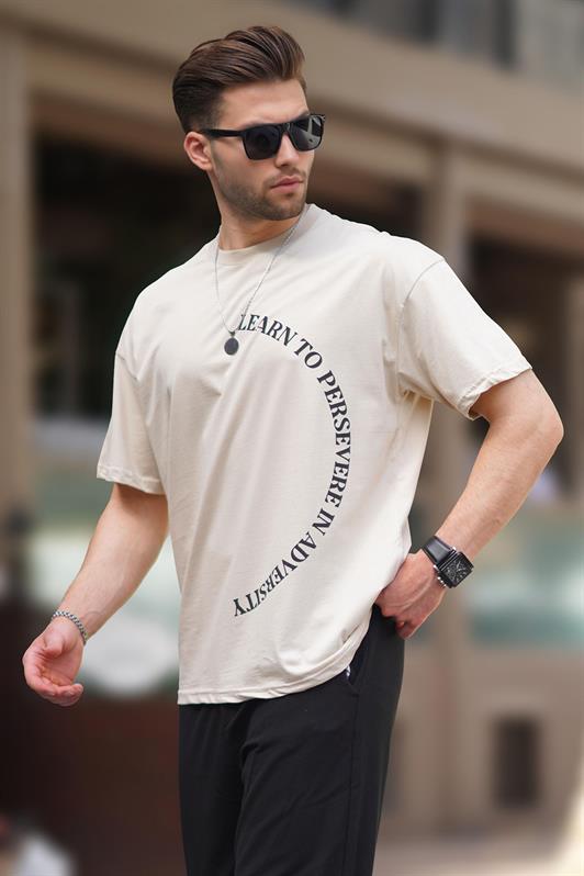 MDX Beige Bicycle Collar Printed Short Sleeve Oversized T-shirt 7040 - Loures