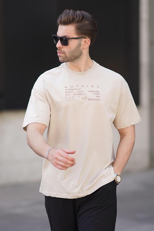 MDX Beige Overfit Bicycle Collar Back Printed Short Sleeve Men's T-Shirt 7037 - Cieza