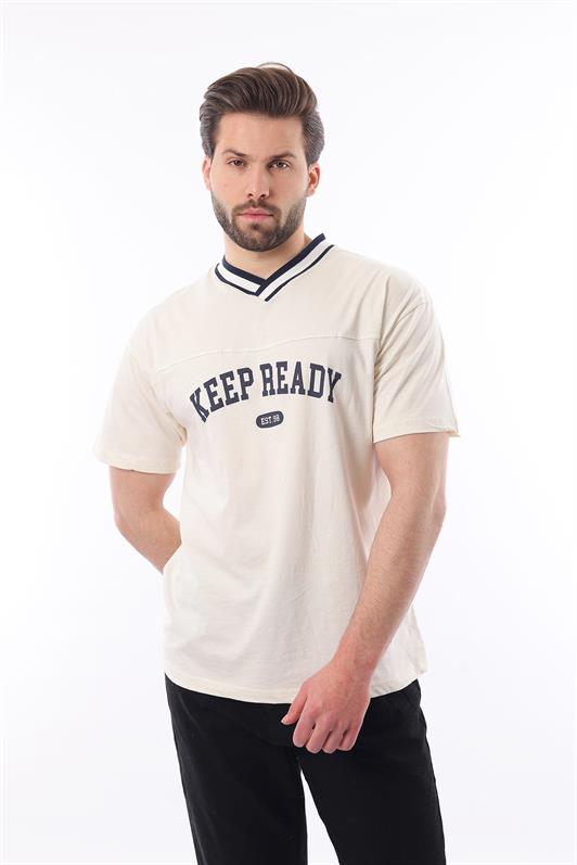 MDX Ecru V-Neck Printed Short Sleeve Oversized T-Shirt 7039 - Clichy