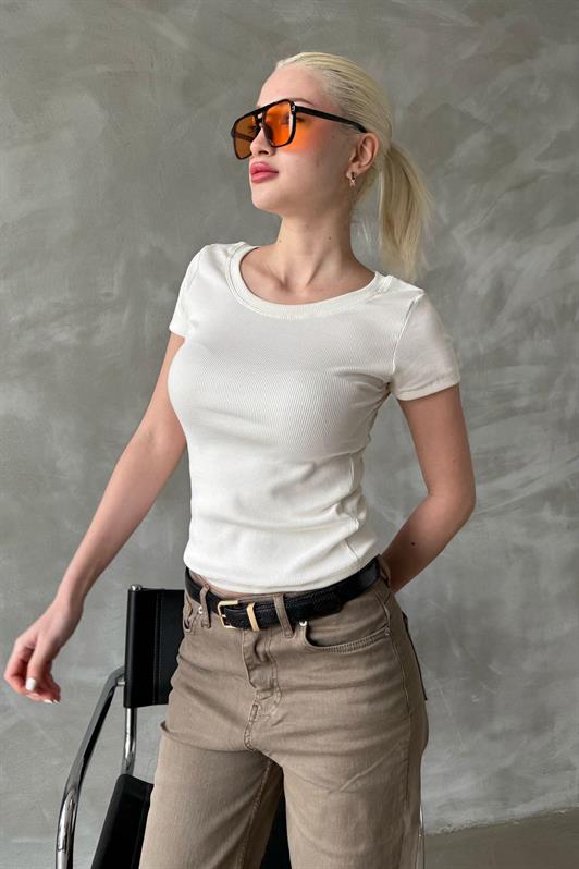 MDX White Wide Neck Ribbed Basic Women's T-shirt Mg2293 - South Fulton
