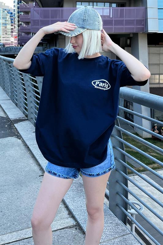 MDX Navy Blue Oversize Back Printed Bicycle Collar Short Sleeve T-Shirt MG2127 - Cananea