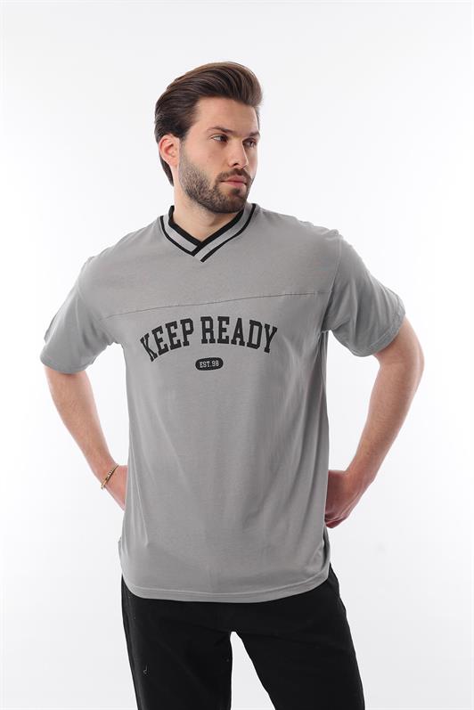 MDX Painted Gray V-Neck Printed Short Sleeve Overfit T-Shirt 7039 - Santurce-Antiguo