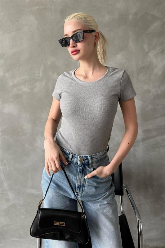 MDX Gray Wide Neck Ribbed Basic Women's T-shirt Mg2293 - Amarante