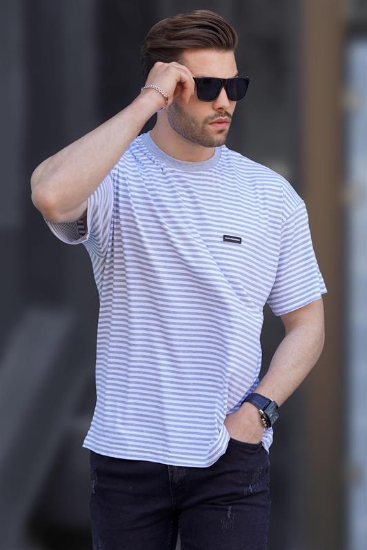MDX Gray Bicycle Collar Striped Short Sleeve Men's T-shirt with Arm Detail 7031 - Drobeta-Turnu Severin
