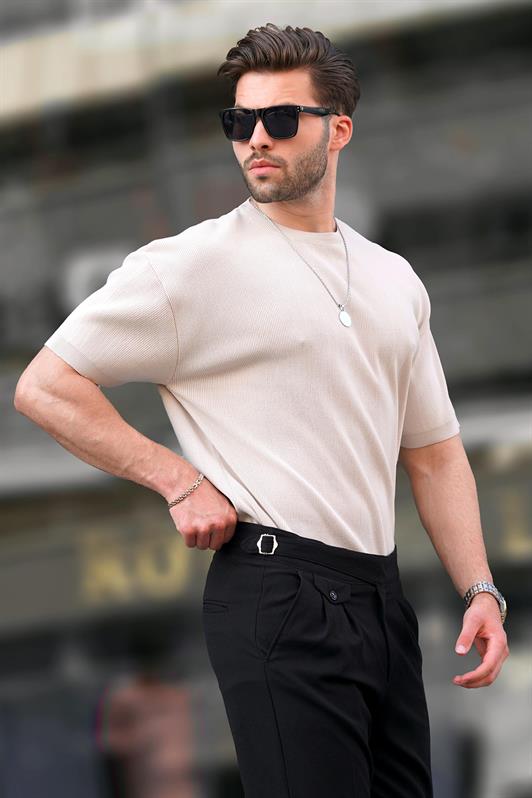 MDX Beige Bicycle Collar Short Sleeve Knit Men's T-shirt 6899 - Cerignola