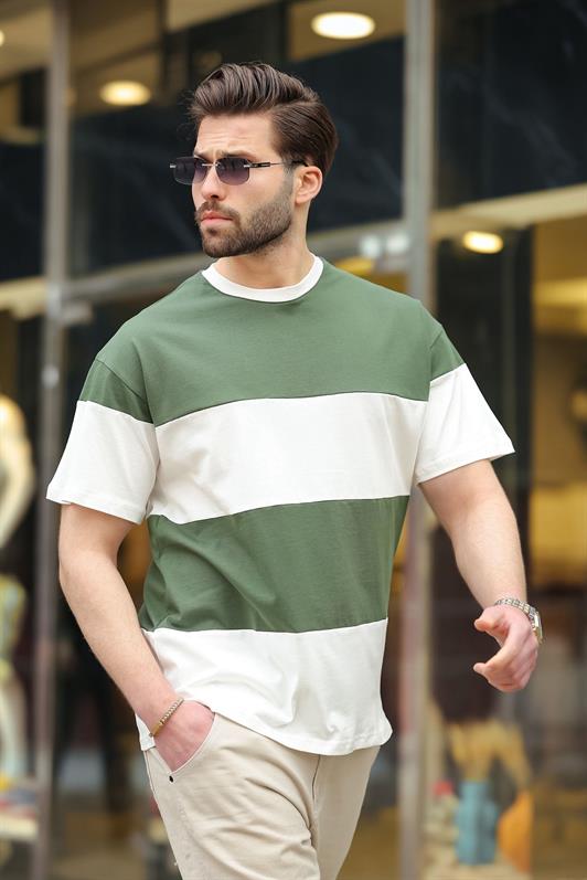 MDX Haki Oversize Color Block Bicycle Neck T-Shirt 7020 - Stains