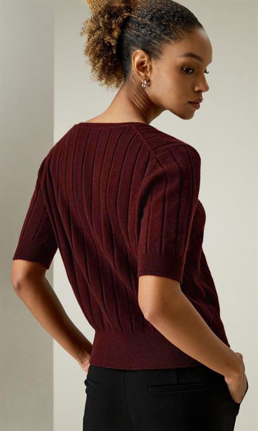 MDX Burgundy V-Neck Knitted Women's Sweater T-Shirt Mg2369 - Seraing