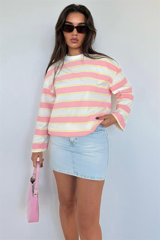 MDX Pink Bicycle Collar Striped Long Sleeve T-Shirt 100% Cotton MG2362 - Lakeland