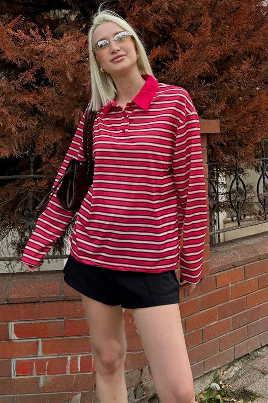 MDX Red Striped Buttoned Polo Neck Women's Long Sleeve T-Shirt MG2574 - Delano
