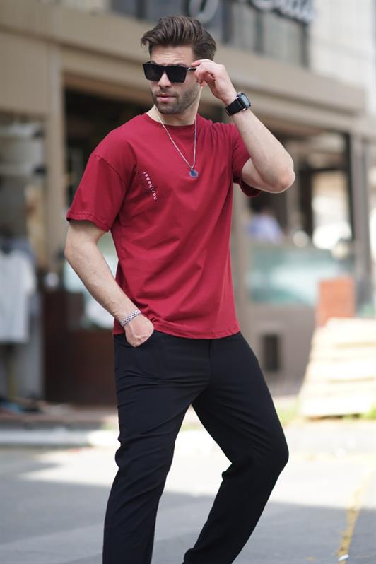MDX Burgundy Bicycle Collar Printed Short Sleeve Overfit T-shirt 7036 - Lombard