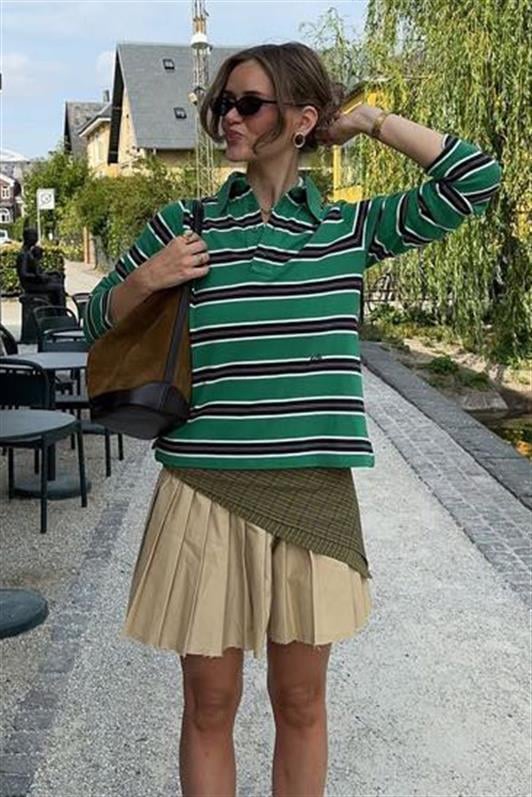 MDX Yeşil Çizgili Düğmeli  Polo Yaka Kadın Uzun Kollu Tişört  MG2574 - Cottbus