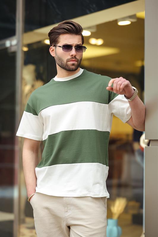 MDX Haki Oversize Color Block Bicycle Neck T-Shirt 7020 - Stains