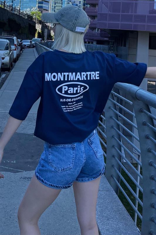 MDX Navy Blue Oversize Back Printed Bicycle Collar Short Sleeve T-Shirt MG2127 - Cananea
