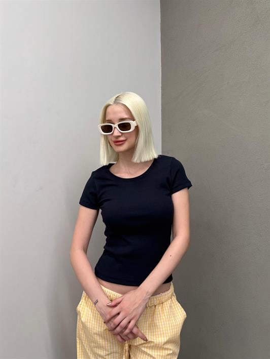 MDX Lacivert Geniş Yaka Fittili Basic Kadın T-shirt Mg2293 - Matera