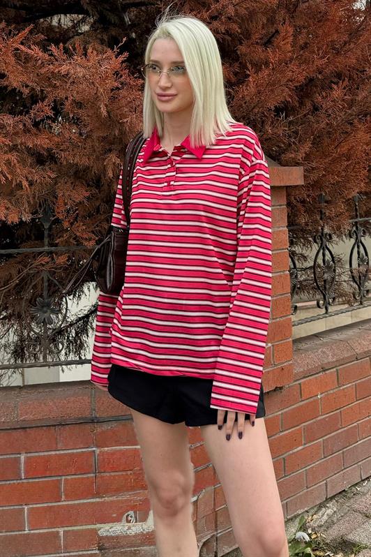 MDX Red Striped Buttoned Polo Neck Women's Long Sleeve T-Shirt MG2574 - Delano