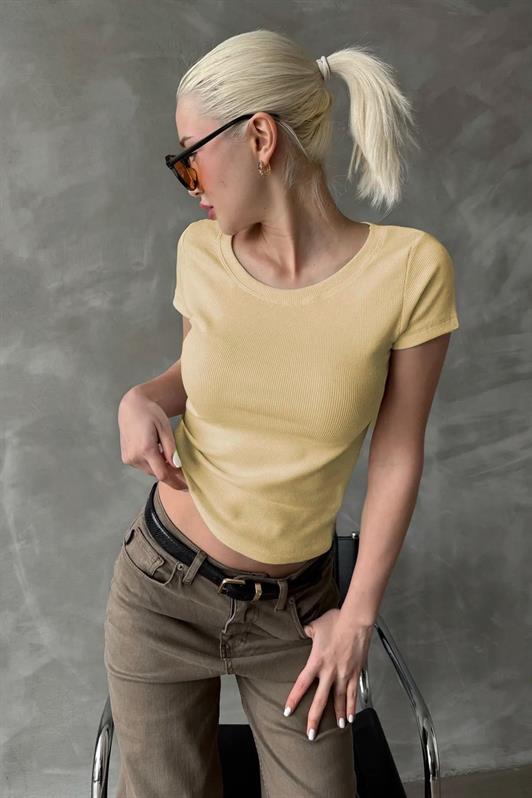 MDX Yellow Wide Neck Ribbed Basic Women's T-shirt Mg2293 - Pinsk