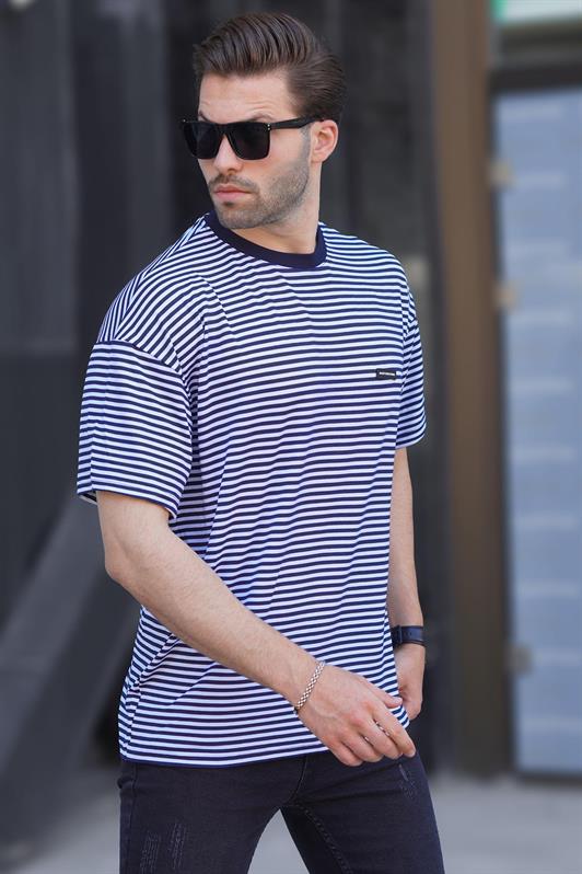 MDX Navy Blue Bicycle Collar Striped Short Sleeve Men's T-shirt with Badge Detail 7031 - Oakton