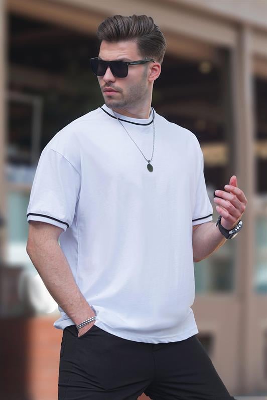 MDX White Bicycle Collar Sleeve Neck Striped Overfit T-shirt 7024 - Gllogovc
