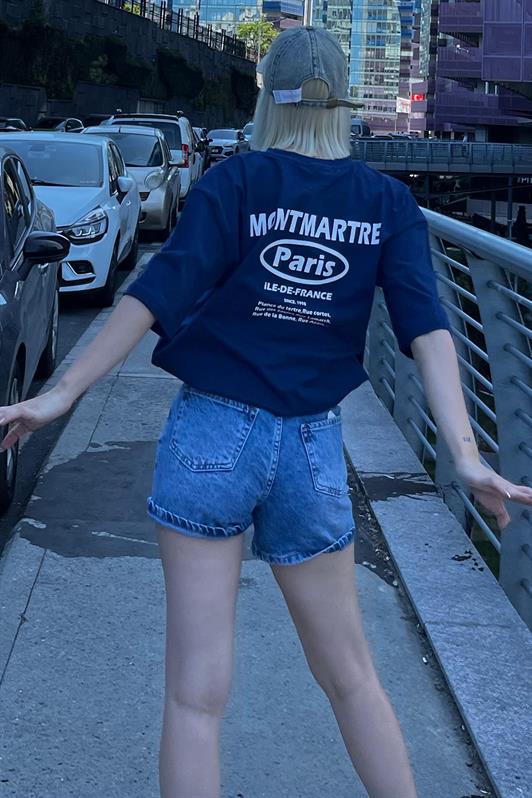 MDX Navy Blue Oversize Back Printed Bicycle Collar Short Sleeve T-Shirt MG2127 - Cananea