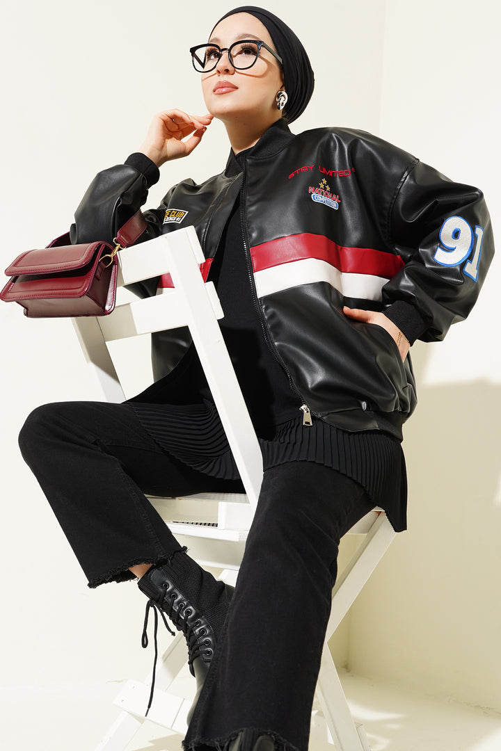 BGD Women T0698 Baskılı Suni Deri Bomber Ceket - Siyah - Glens Falls