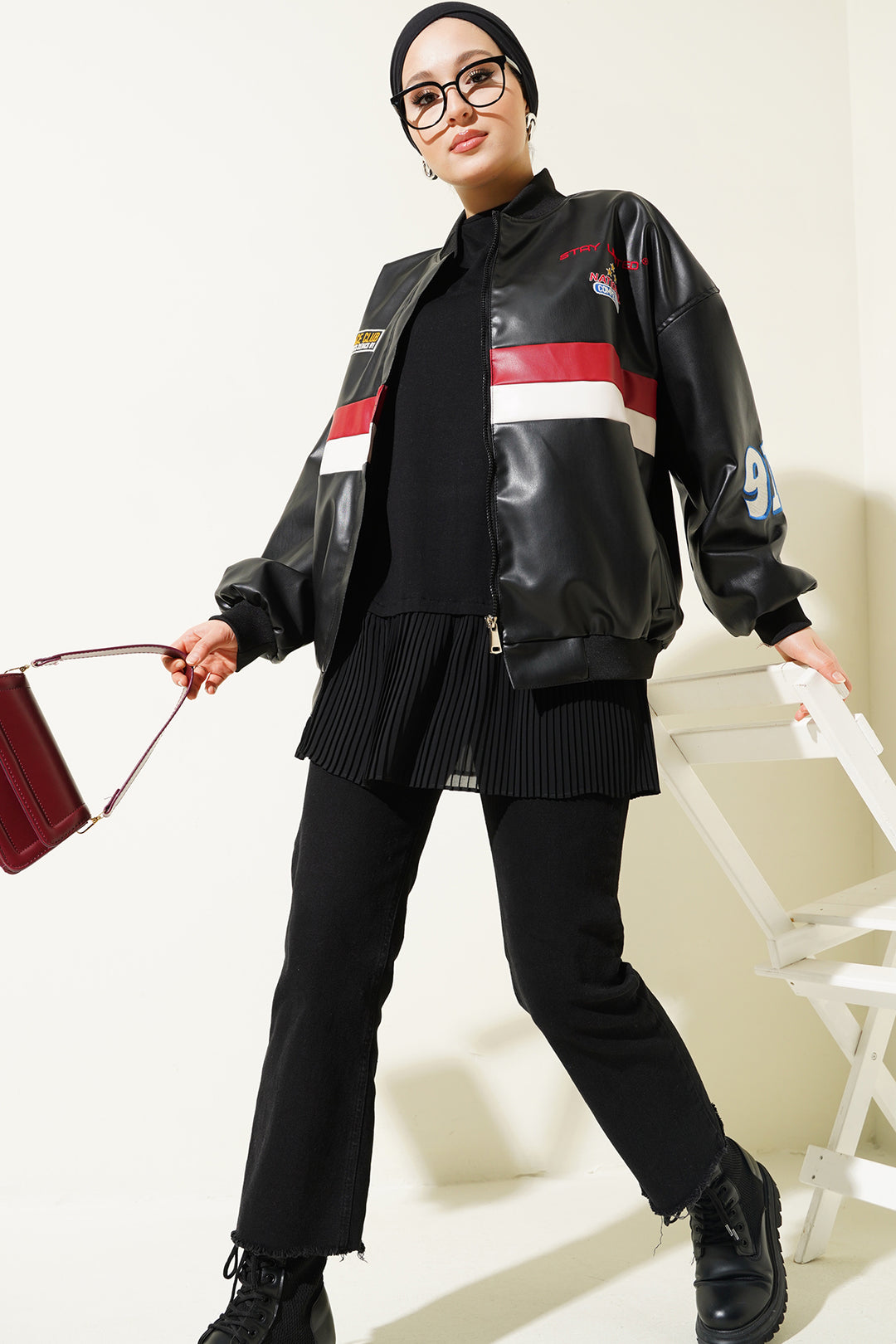 BGD Women T0698 Baskılı Suni Deri Bomber Ceket - Siyah - Glens Falls