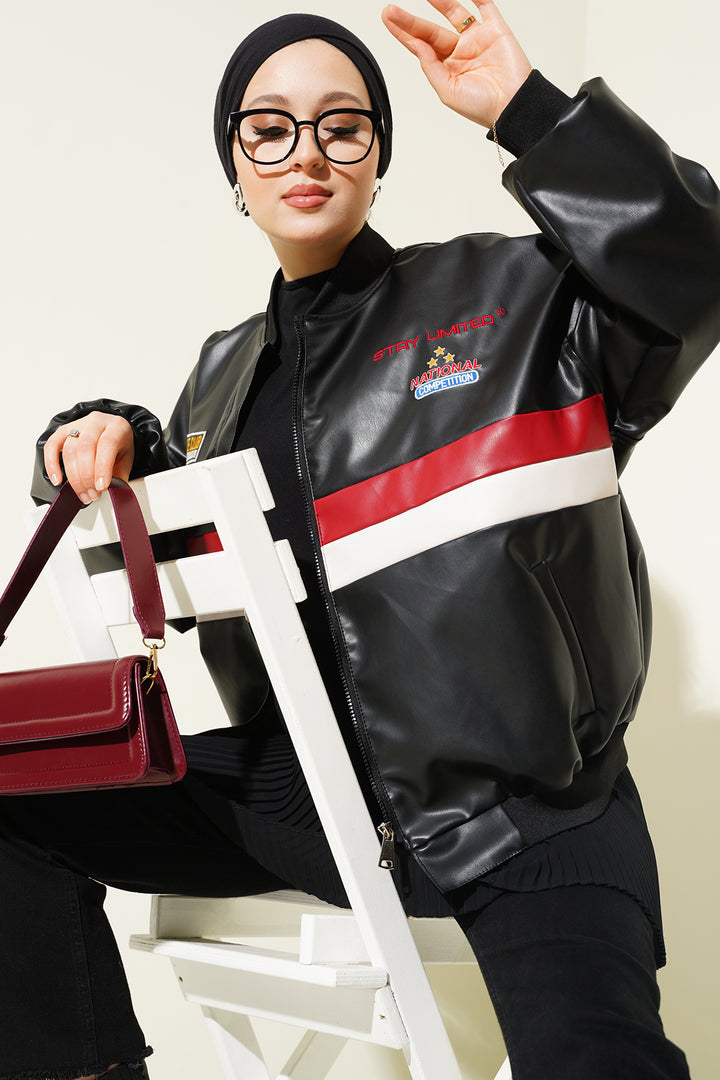BGD Women T0698 Baskılı Suni Deri Bomber Ceket - Siyah - Glens Falls