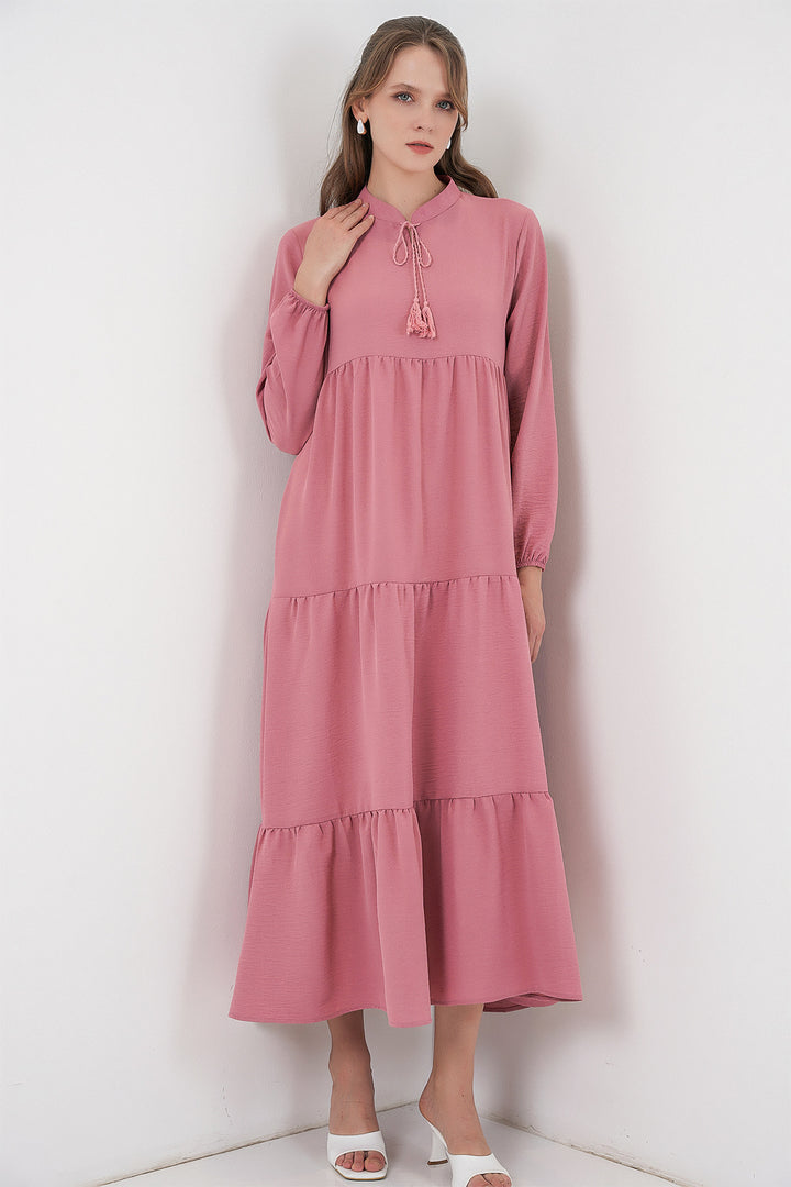 BGD Women T1627 Neck Tied Dress - Rose Pink - Garden Grove