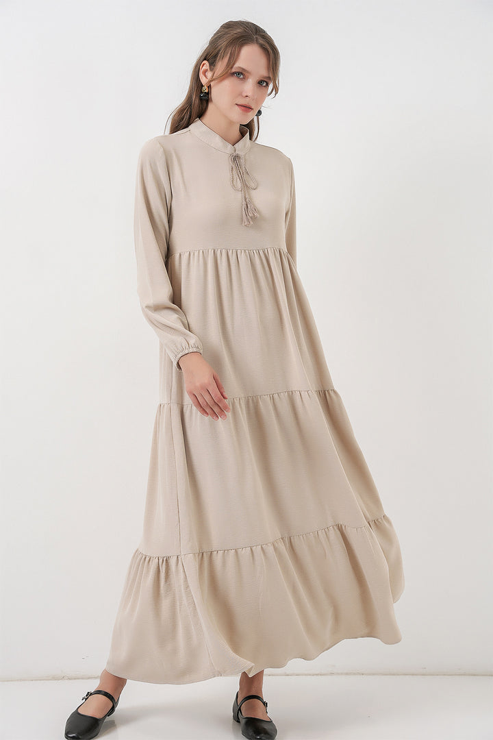 BGD Women T1627 Yaka Bağcıklı Elbise - Taş - Lufkin