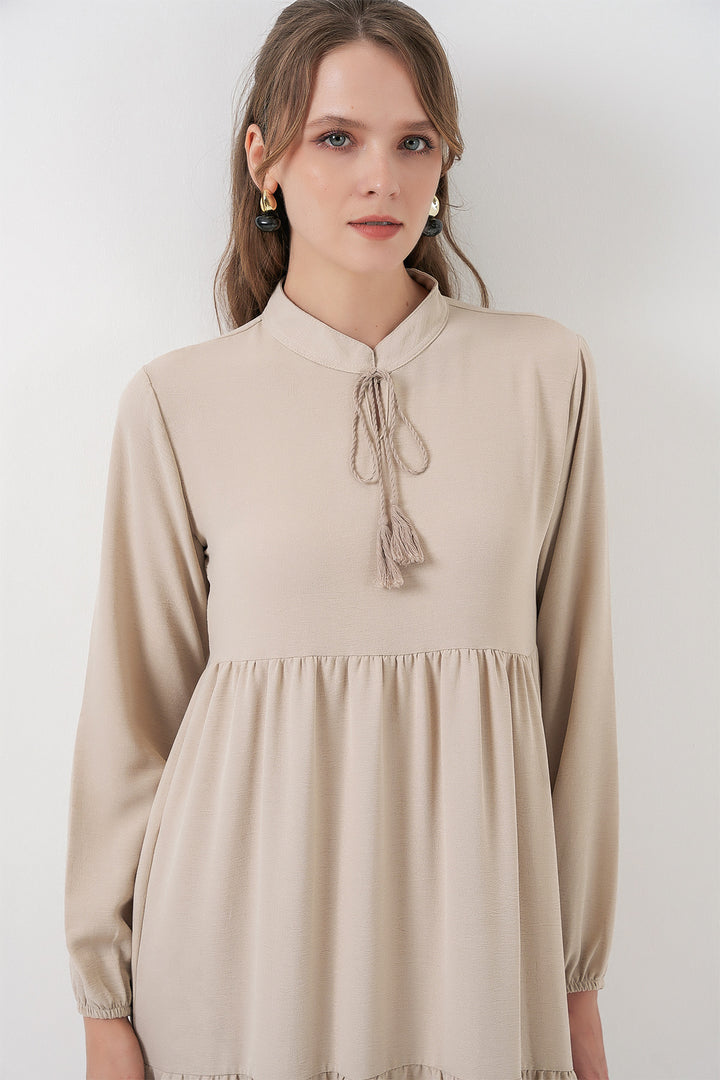 BGD Women T1627 Yaka Bağcıklı Elbise - Taş - Lufkin