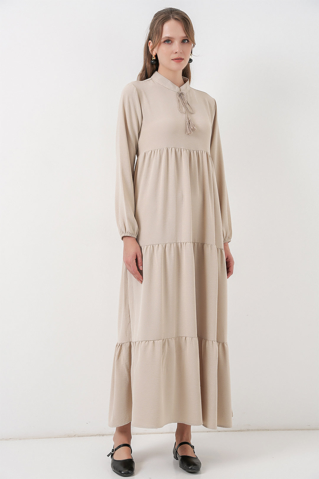 BGD Women T1627 Yaka Bağcıklı Elbise - Taş - Lufkin