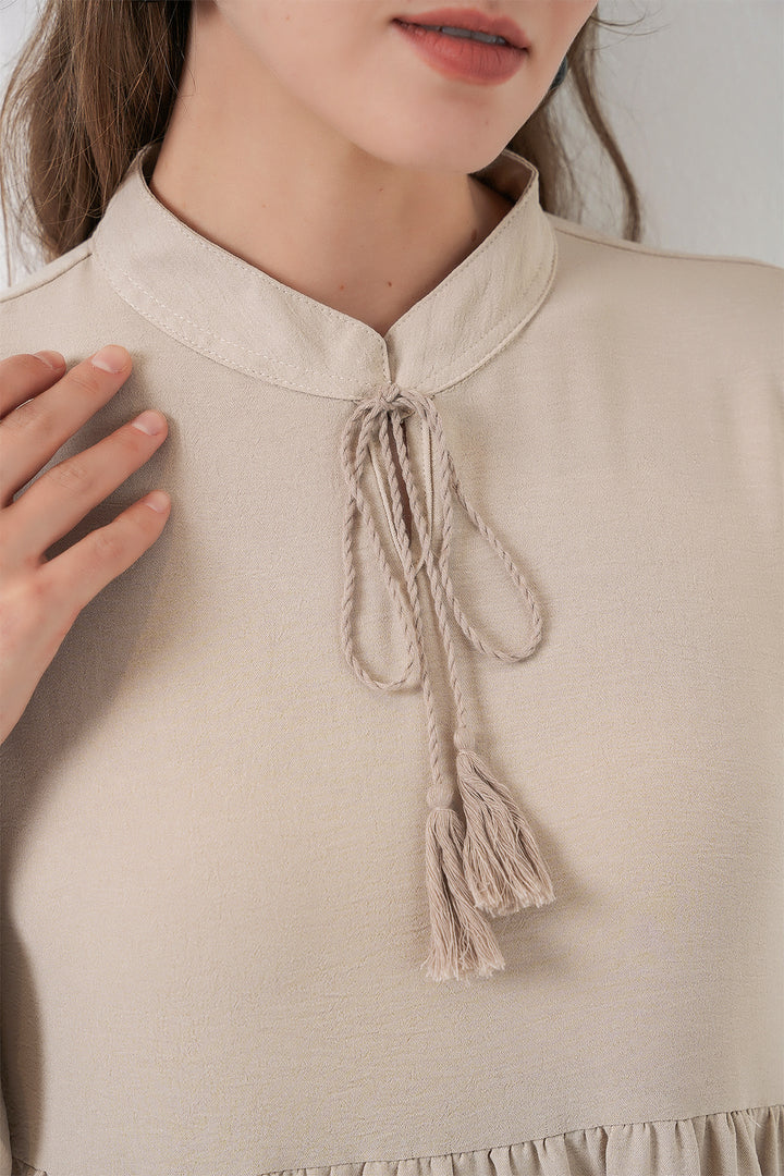 BGD Women T1627 Yaka Bağcıklı Elbise - Taş - Lufkin