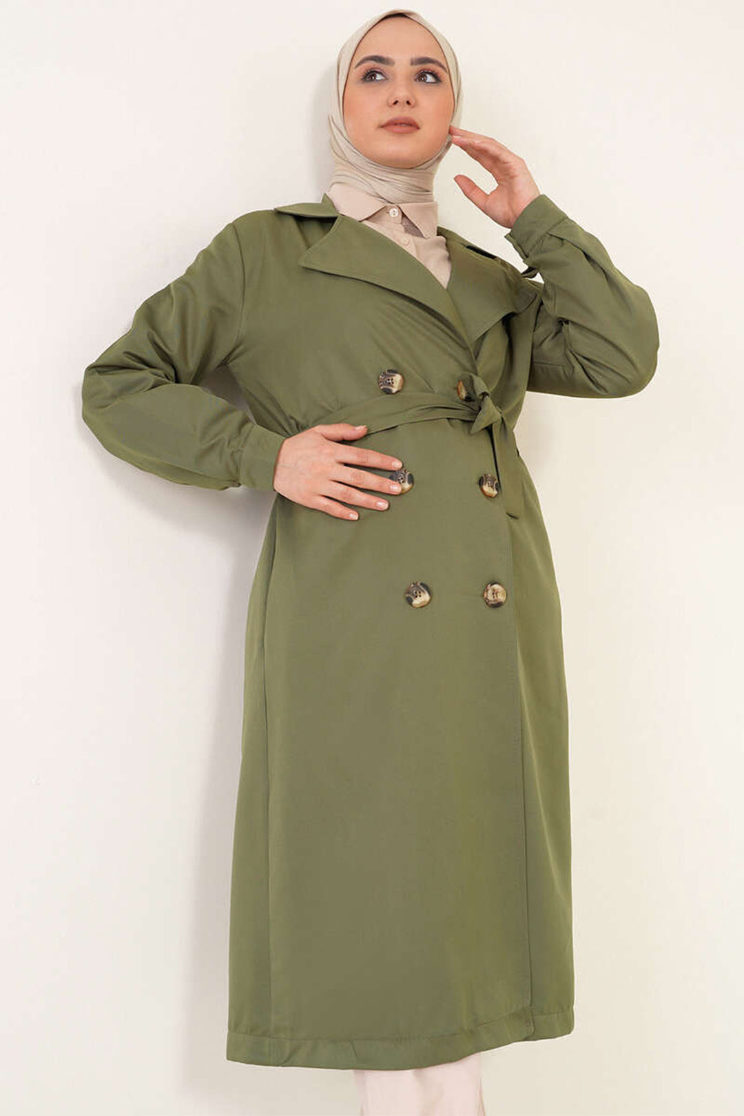 BGD Women T5853 Kruvaze Yaka Tesettür Trençkot - Haki - Monroe