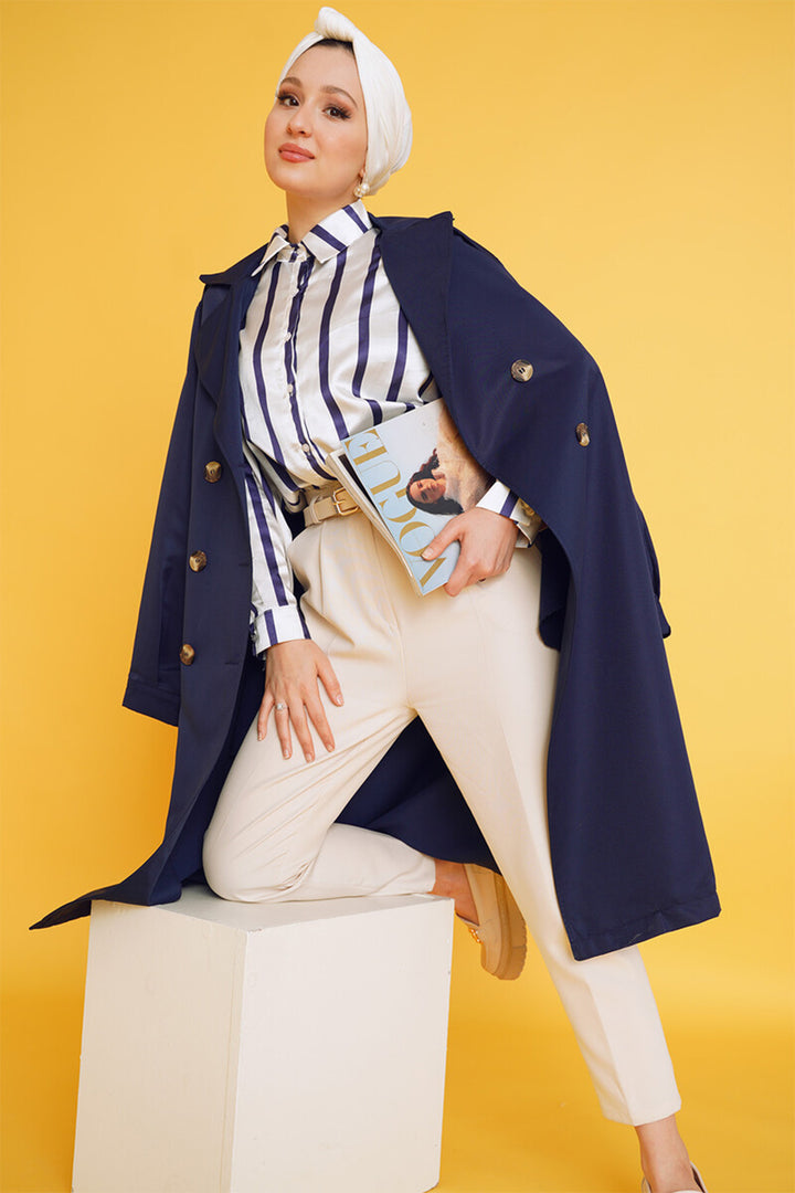 BGD Women T5853 Double-Breasted Collar Hijab Trench Coat - Navy Blue - Tracy