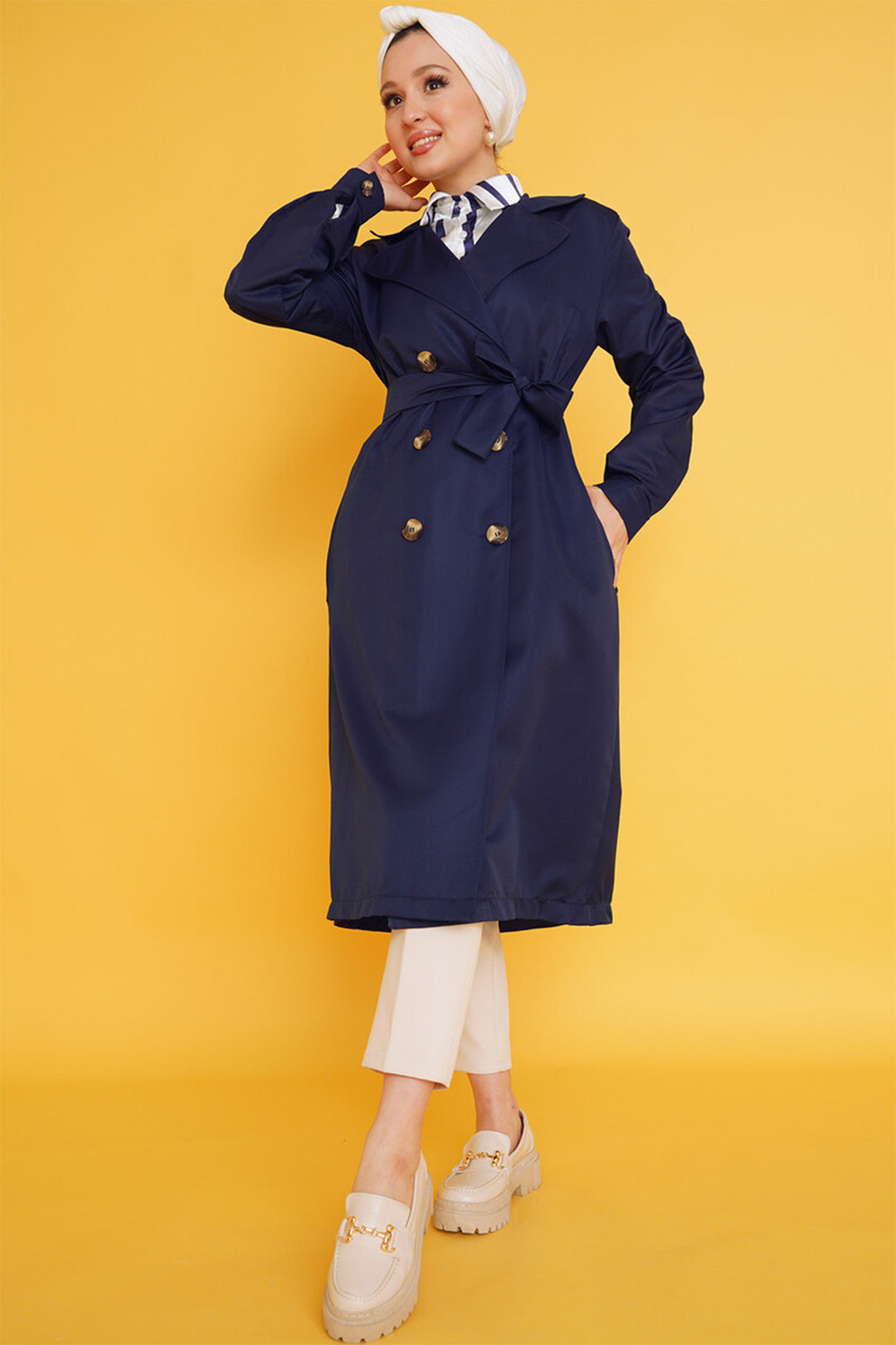 BGD Women T5853 Double-Breasted Collar Hijab Trench Coat - Navy Blue - Tracy