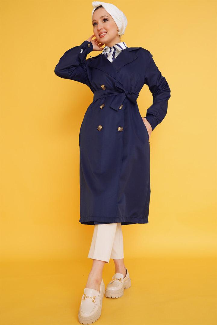 BGD Women T5853 Double-Breasted Collar Hijab Trench Coat - Navy Blue - Tracy