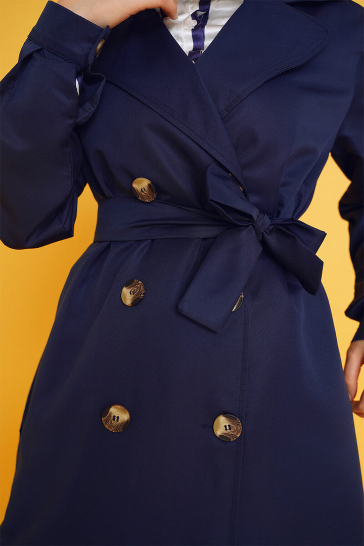 BGD Women T5853 Double-Breasted Collar Hijab Trench Coat - Navy Blue - Tracy