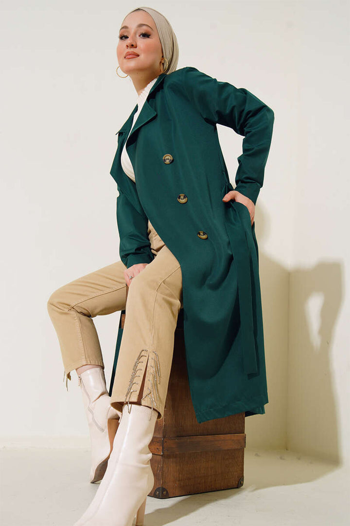 BGD Women T5853 Wrap Neck Hijab Trench Coat - Emerald Green - Cookeville