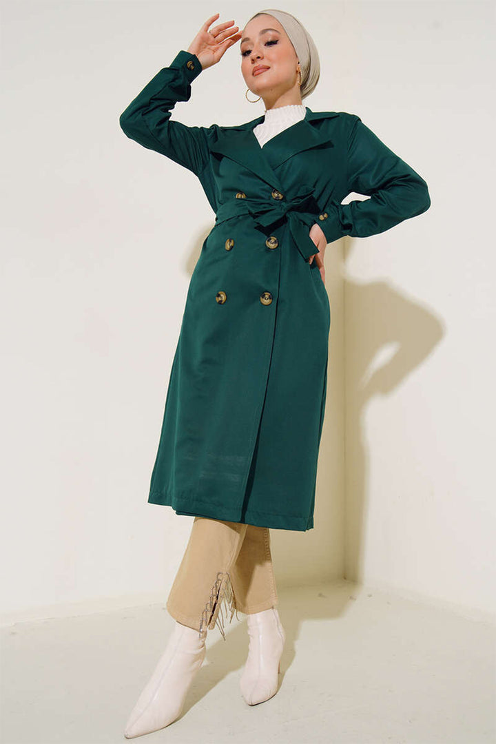BGD Women T5853 Wrap Neck Hijab Trench Coat - Emerald Green - Cookeville