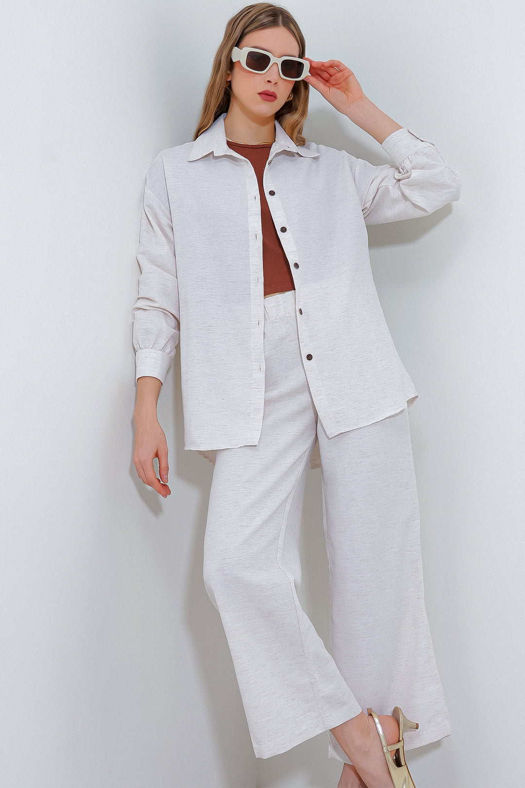 BGD Women T6624 Wide Leg Linen Top and Bottom Set - Cream - Avondale